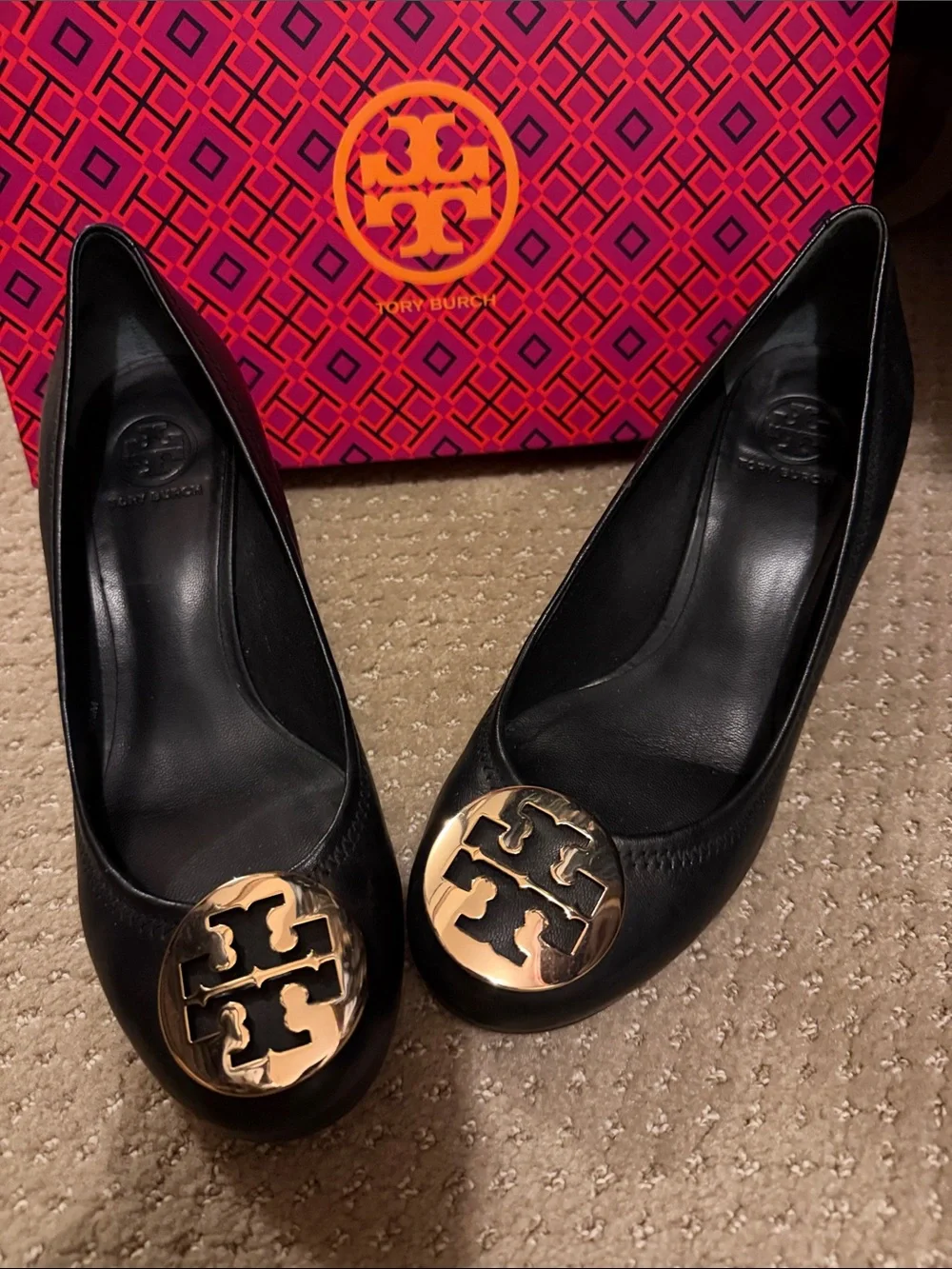 Tory Burch Black Leather Ballet Flats with Gold Logo Medallions